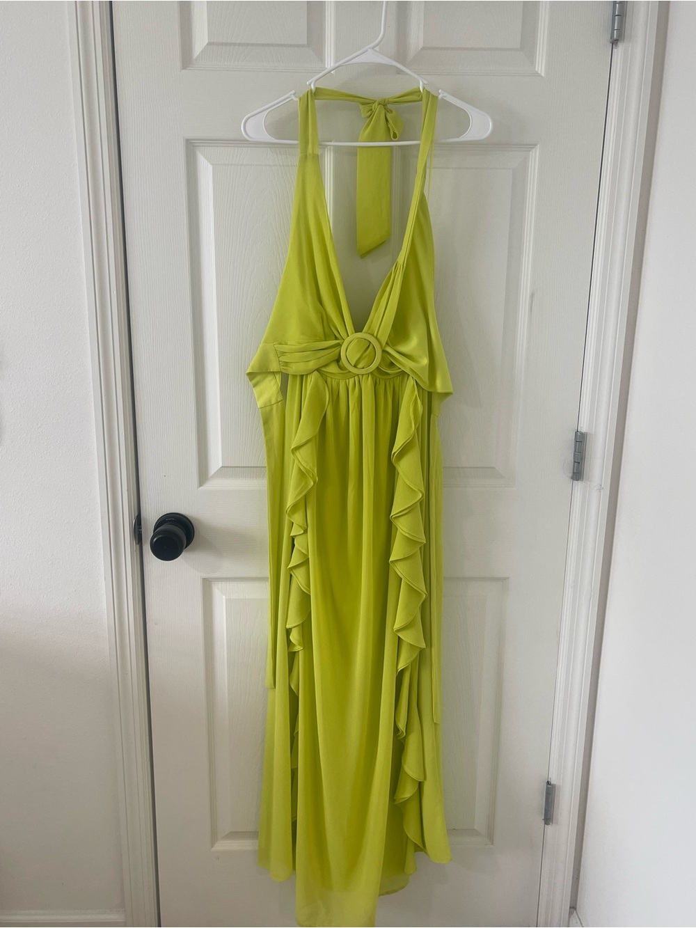 Fashion Nova Lime Green Halter Ruffle Maxi Dress